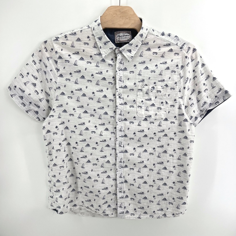 Flag & Anthem Button Up Shirt Surf Palm Tree Print XXL 100% Cotton White Hawaii